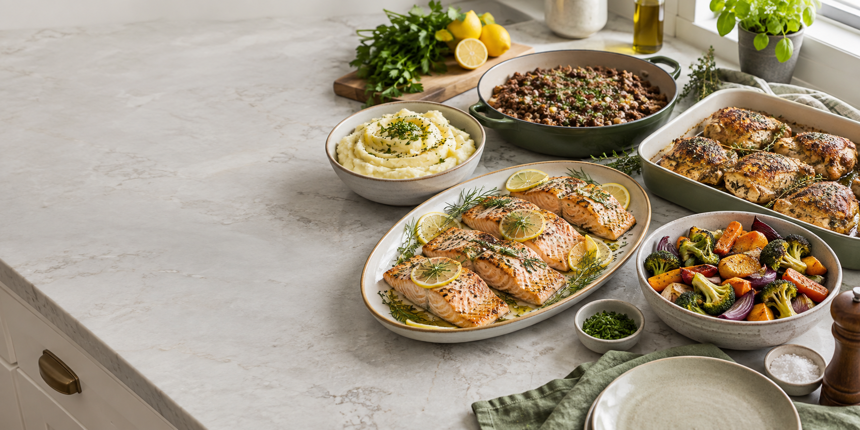 A selection of freshly prepared salmon, roasted chicken, ground beef, vegetables and mashed potatoes